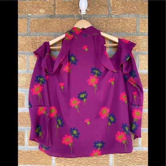 Tanya Taylor Adriene Spaced-Out Floral Cold-Shoulder Silk Blouse size LARGE/4 - Picture 11 of 12